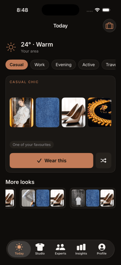 Stylista Today screen: a weather-aware outfit assembled from the user's own wardrobe, with a Wear This button